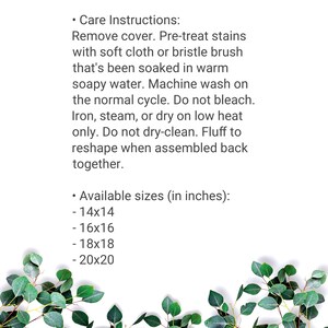 Care Instructions: Remove cover, pre-treat with warm soapy water, machine wash normal, don't bleach or dry-clean, dry on low.