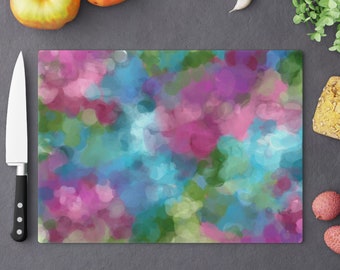 Vivid watercolor tempered glass cutting board, Abstract botanical kitchen accessories, Charcuterie or cheese serving