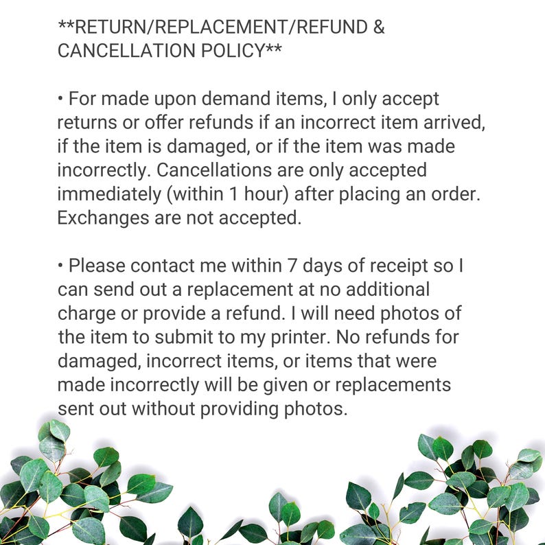 Return policy states refunds or replacements only for incorrect or damaged items. Cancellations within 1 hour. No exchanges.