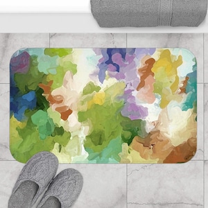 Colorful watercolor memory foam bathmat, Multicolor abstract bathroom rug, Modern art bath decor