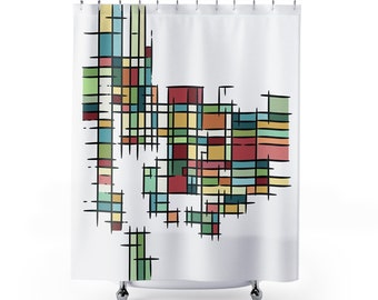 Mid-century modern shower curtain, Retro geometric art bath decor, 1950s atomic age bathroom