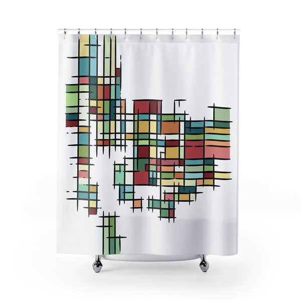 Mid-century modern shower curtain, Retro geometric art bath decor, 1950s atomic age bathroom