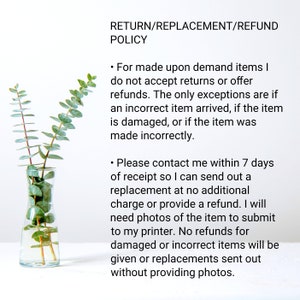 This is a text image detailing the shop return, replacement, and refund policy.