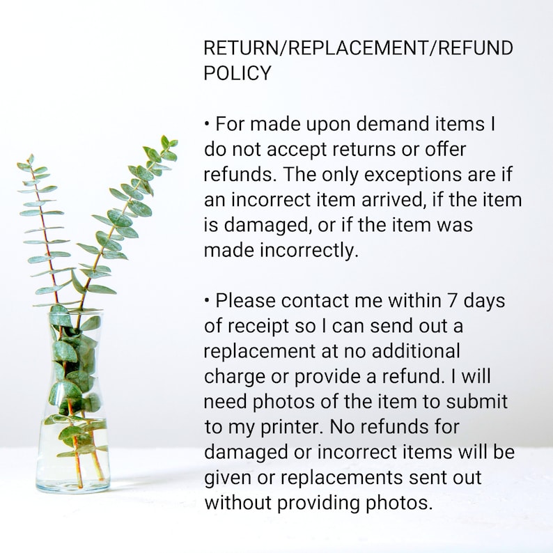 This is a text image detailing the shop return, replacement, and refund policy.