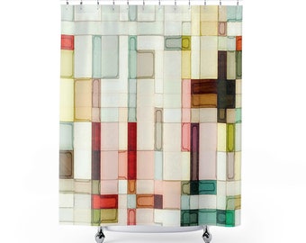 Geometric watercolor shower curtain, Abstract art bathroom decor, Pink, peach, yellow, red, green, brown modern bath