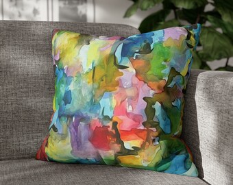 Abstract rainbow throw pillow, Vivid watercolor couch cushion cover, Vibrant modern sofa decor