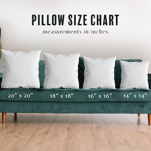 This image shows a pillow size chart.  Four pillows are lined up on a green couch. Left to right, the pillows are from largest to small. The pillow sizes are 20" x 20", 18" x 18", 16" x 16", and 14" x 14"