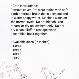 This is a text image detailing the pillow care instructions and available sizes.