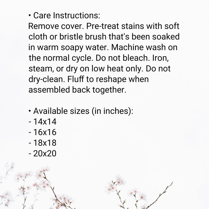 This is a text image detailing the pillow care instructions and available sizes.