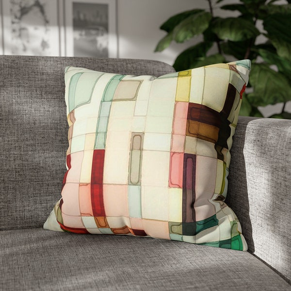 Geometric watercolor throw pillow, Retro mid-century couch cushion cover, Atomic age sofa decor