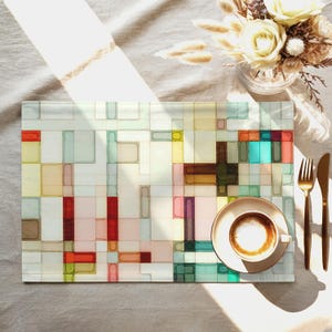 Mid century modern cotton placemat, Washable rectangular geometric watercolor table linens