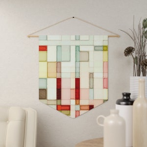 Colorful watercolor wall hanging, Mid century modern textile art