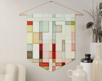 Colorful watercolor wall hanging, Mid century modern textile art