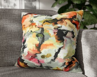 Abstract watercolor throw pillow, Modern art couch cushion cover, Vivid maximalist sofa decor