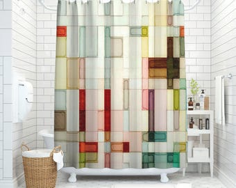 Geometric watercolor shower curtain Mid century modern bathroom decor, Abstract art bath