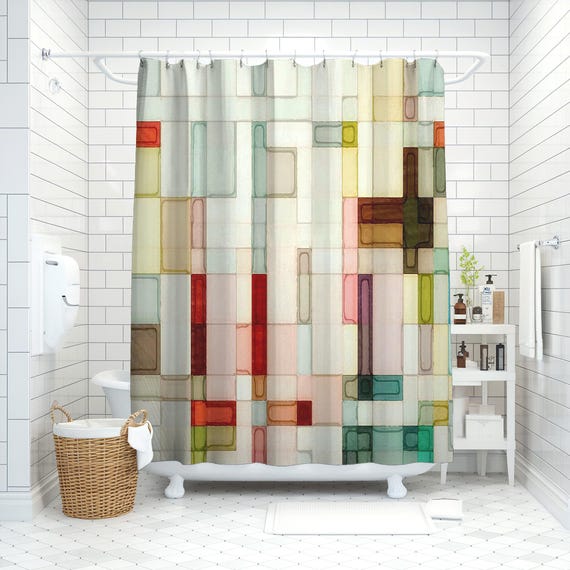 Geometric watercolor shower curtain Mid century modern bathroom decor, Abstract art bath