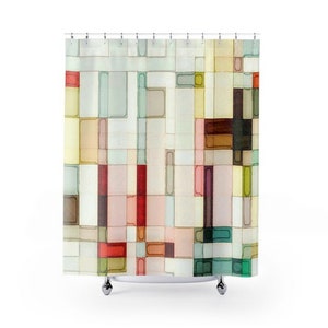 Geometric watercolor shower curtain, Abstract art bathroom decor, Pink, peach, yellow, red, green, brown modern bath