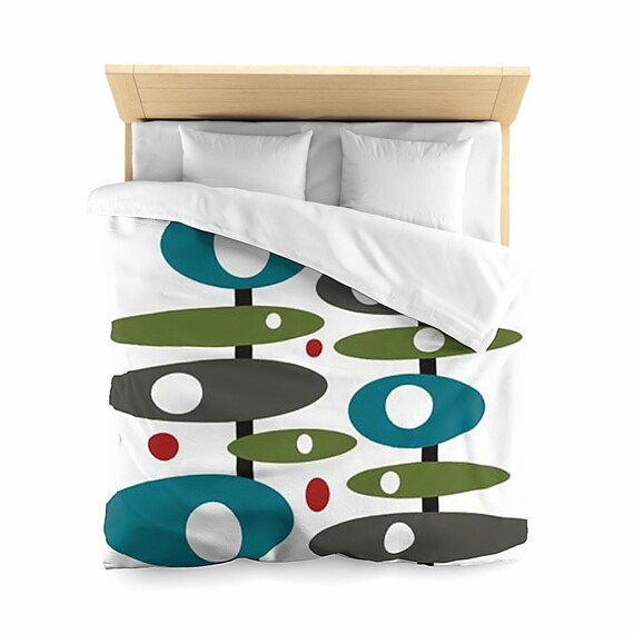 Mid Century Modern Queen Duvet Cover Teal Blue Olive Green