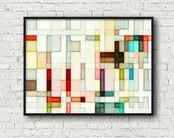 Mid century retro geometric watercolor print, Abstract atomic age giclee