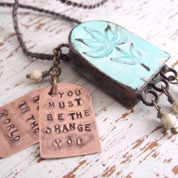 Affirmation Locket. Copper Locket Pocket. Lotus Pendant. Crochet Necklace. Ghandi You Must Be The Change You Want To See In The World