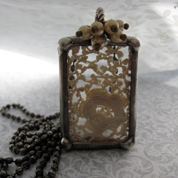 Vintage Lace Necklace. Vintage Lace Trim, Beveled Glass Pendant