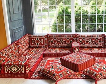 L-förmiges arabisches Bodensofa, arabische Sitzgruppe, marokkanische Sitzgruppe, arabisches Möbel, rustikale Sitzgruppe