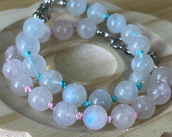 Rainbow moonstone bracelet, hand knotted  with high-quality 8-9mm beads!