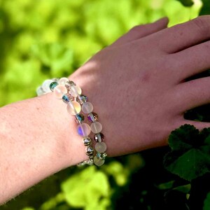 Austrian crystal bracelet with your choice of 6mm or 10mm frosted crystal beads, with golden or silvery stainless steel hardware.
