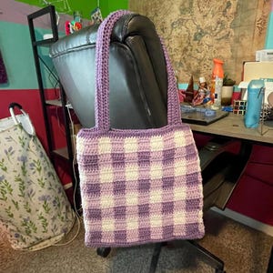Bolso tote de crochet a cuadros vichy, hecho a mano y forrado.