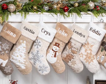 Christmas Stockings Personalized Rustic Woolen Stocking Embroidered Name Holiday Stocking Family Gift Farmhouse Fur Stocking Christmas Decor