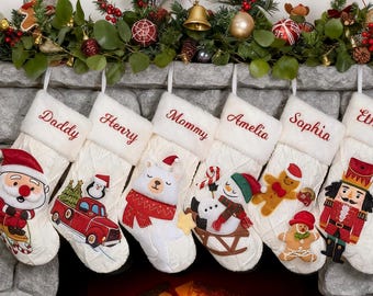 Personalized Christmas Stockings Knitted Stocking Applique Stocking with Name Embroidery Plush Stocking for Family Gift Holiday Decoration