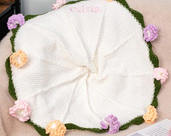 Personalized Crochet Bouquet Rose Blanket Embroidered Name Flowers Blanket for Anniversary Cotton Bouquet Flower Blanket for Mother Day Gift