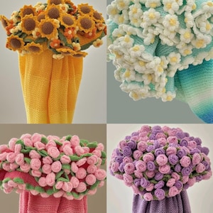 Puede incluir: Una colecci&oacute;n de cuatro toallas tejidas, cada una con un adorno floral distinto. Una toalla es amarilla con girasoles, una azul claro con margaritas blancas, una rosa con peque&ntilde;as rosas rosas y una morada con rosas moradas.