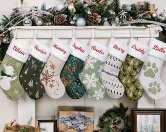 Personalized Christmas Stockings: Natural Fresh Theme Stocking for Family Embroidered Xmas Gifts Sequin Stocking for Farmhouse Holiday Decor