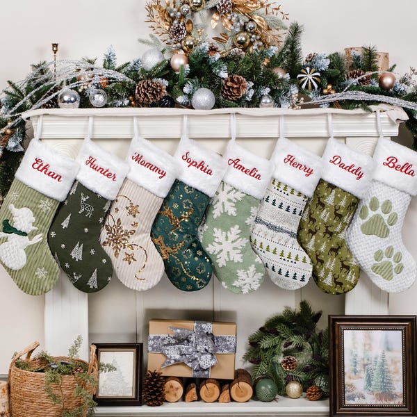 Personalized Christmas Stockings: Natural Fresh Theme Stocking for Family Embroidered Xmas Gifts Sequin Stocking for Farmhouse Holiday Decor