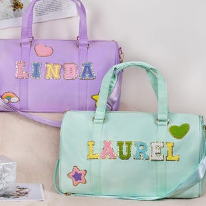 Custom Duffle Bag Name Patches Personalized Nylon Duffle Bag Travel Weekender Gym Bag Overnight Bag with Name Chenille Letter Dance Bag Gift