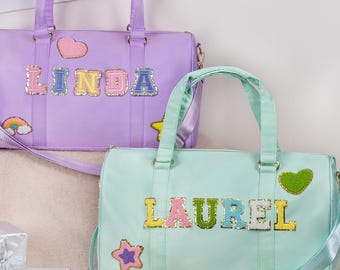 Custom Duffle Bag Name Patches Personalized Nylon Duffle Bag for Kids Birthday Weekender Bag for Holiday Bag Chenille Letter Dance Bag Gifts