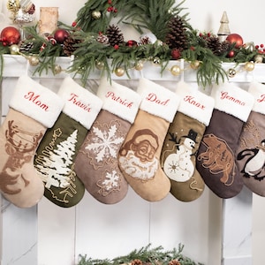 Personalized Christmas Stockings Rustic Stocking Applique Suede Stocking with Name Embroidered Farmhouse Stocking Family Gift Holiday Decor
