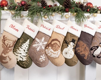 Personalized Christmas Stockings Rustic Stocking Applique Suede Stocking with Name Embroidered Farmhouse Stocking Family Gift Holiday Decor
