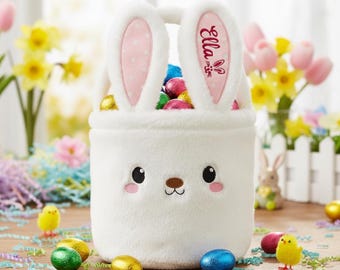 Personalized Plush Easter Bunny Basket With Embroidered Name Custom Kids Easter Gift