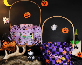 Personalized Halloween Basket Embroidery Halloween Candy Bag Liner Fabric Custom Name for Kids Trick-or-Treating Basket for Halloween Decor