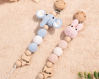 Personalized Newborn Pacifier Clip with Crochet Animal Pacifier Holder for Baby Shower Gift Custom Name Binky Clip for Baby Birthday Gift