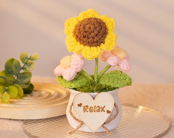 Crochet Sunflower Pot Knitted Flowers Pot with Tag Handmade Crochet Desk Decor Personalized Flower Pot for Valentine's Day Gift for Her