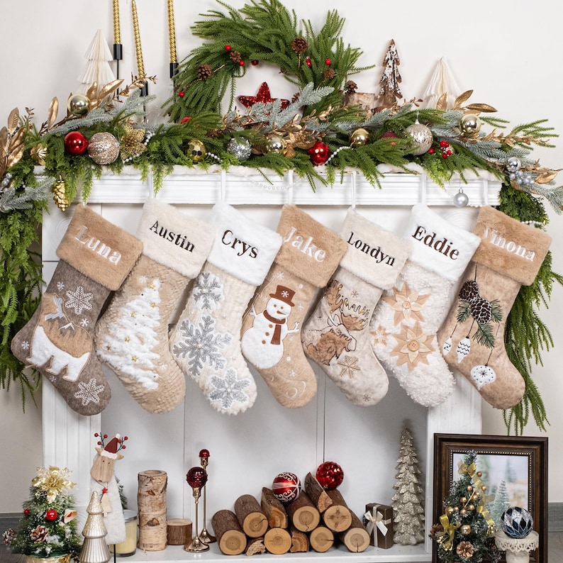Personalized Christmas Stockings for Holiday Ornament Custom Applique Family Stocking with Name Embroidered Stocking Elegant Christmas Decor image 1