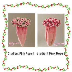 Puede incluir: Dos bolsas de tela tejida, cada una rematada con un racimo de peque&ntilde;as rosas rosas y rojas. Las bolsas presentan un degradado de color rosa, pasando de un tono m&aacute;s claro en la parte inferior a un rosa m&aacute;s oscuro arriba. Texto: Gradient Pink Rose 1 y 2.