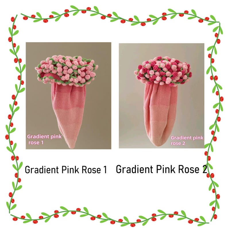 Puede incluir: Dos bolsas de tela tejida, cada una rematada con un racimo de peque&ntilde;as rosas rosas y rojas. Las bolsas presentan un degradado de color rosa, pasando de un tono m&aacute;s claro en la parte inferior a un rosa m&aacute;s oscuro arriba. Texto: Gradient Pink Rose 1 y 2.