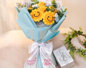 Handmade Crochet Sunflower Bouquet: Forever Flower with Embroidered Bow