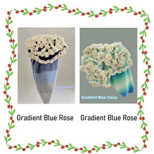 Puede incluir: Dos art&iacute;culos tejidos con tela en degradado azul. El art&iacute;culo de la izquierda presenta adornos en forma de rosas blancas y el texto Gradient Blue Roses. El de la derecha presenta adornos en forma de margaritas blancas y el texto Gradient Blue Daisy.