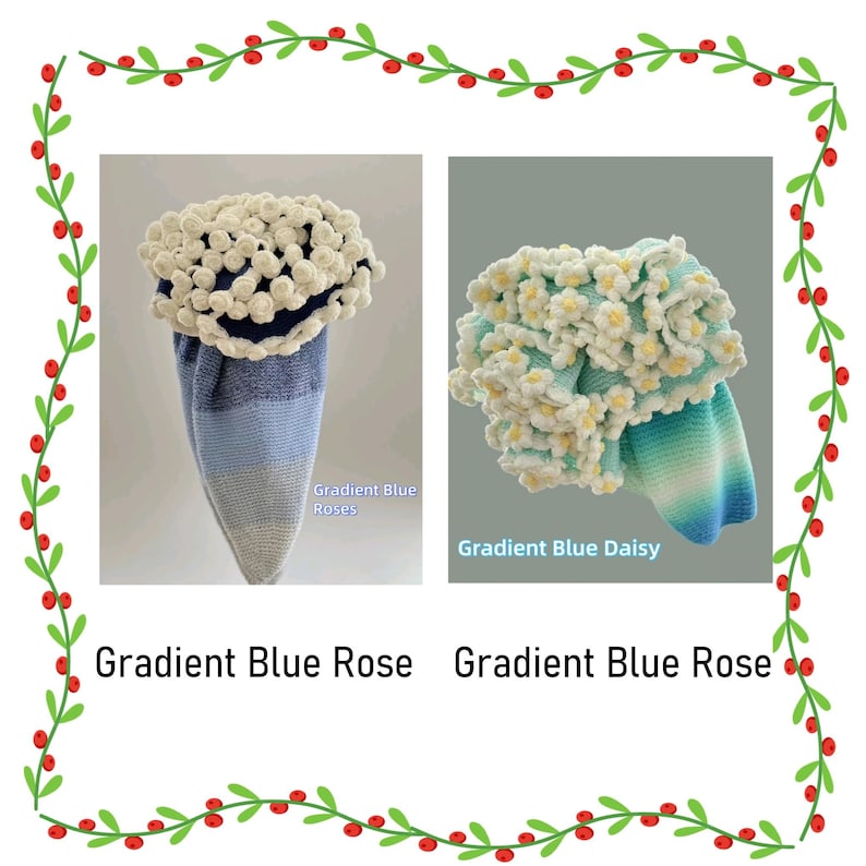 Puede incluir: Dos art&iacute;culos tejidos con tela en degradado azul. El art&iacute;culo de la izquierda presenta adornos en forma de rosas blancas y el texto Gradient Blue Roses. El de la derecha presenta adornos en forma de margaritas blancas y el texto Gradient Blue Daisy.