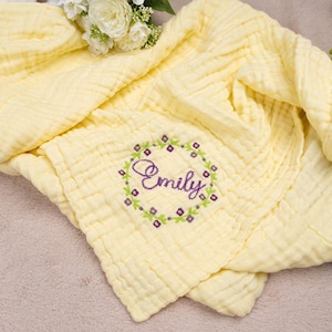 Personalized Baby Blanket Embroidered Cotton Muslin Baby Blanket with Name Newborn Blanket Custom Baby Swaddle Blanket for Baby Shower Gifts